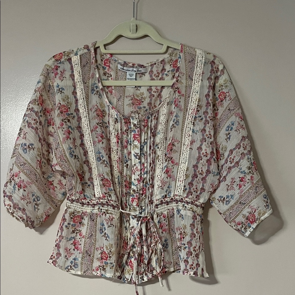 American Rag Floral Lace Trim Blouse - Pink and Cream